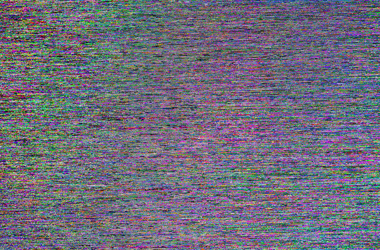 Macro close-up of a digital LED screen with fine colorful pixel noise and horizontal static. Abstract electronic error glitch background for technology concepts
