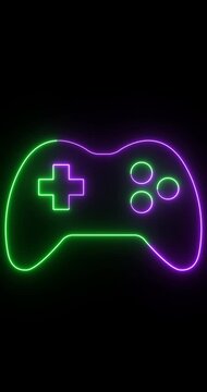 Vertical Neon Game Controller Icon Animation, Glowing Gaming Gamepad Symbol on Black Background, Futuristic Esports UI Element, Seamless Loop 4K.