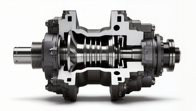 Torque converter assembly with stator cross-section view, white background