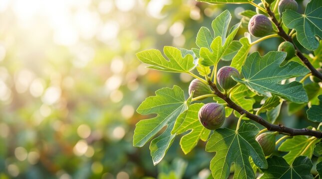 Ripe figs and lush green leaves on a fig tree branch in bright sunlight with bokeh background