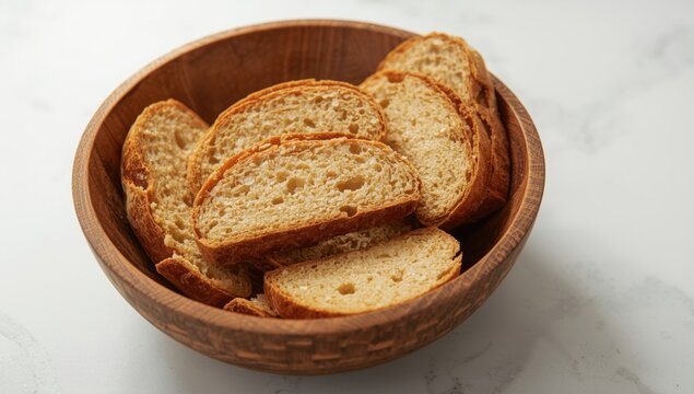 Sliced Bread in a Wooden Bowl on a Light Background