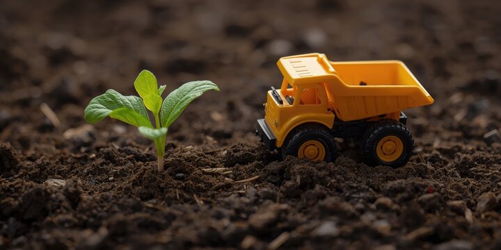 Toy Dump Truck Next to a Small Green Plant in Soil