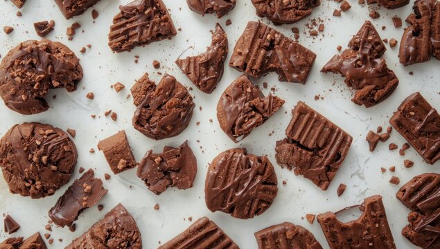 Chocolate Cookies Crumbled and Sliced on a Light Background