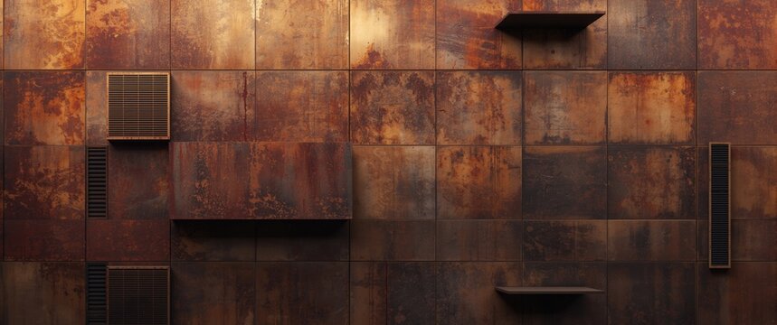 Rusty Metal Wall with Shelves and Air Conditioners in Warm Tones