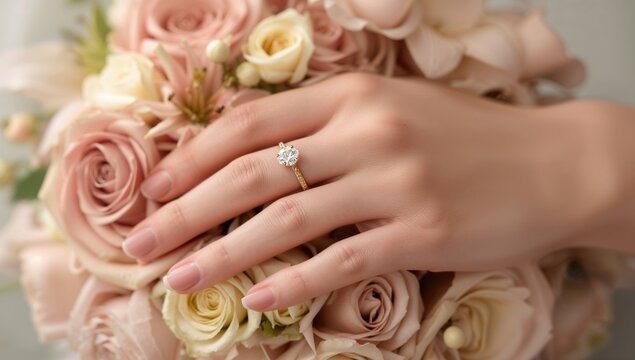 Hand with Engagement Ring Resting on Bouquet of Soft Pink and White Roses