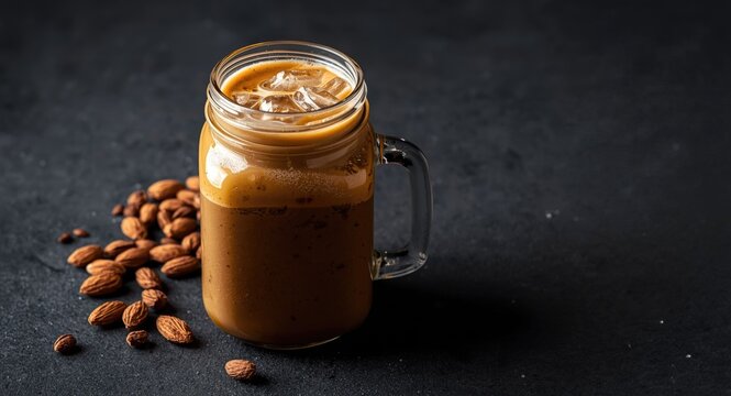 Iced Coffee in a Glass Jar with Almonds on a Dark Background