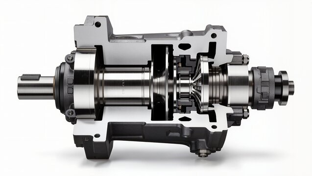 Planetary wet clutch differential gearbox assembly cross-section view, white background