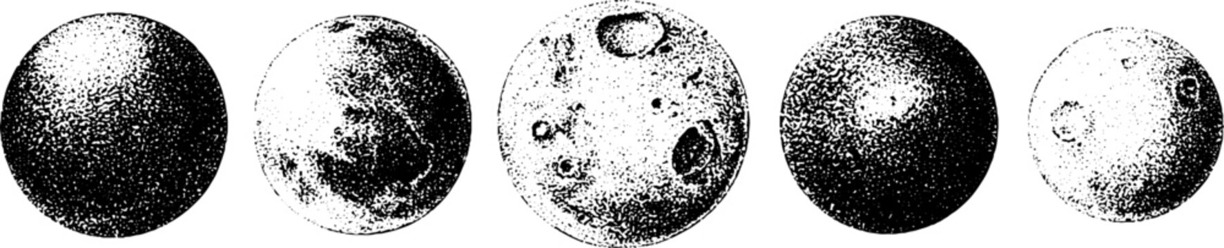 Set of stippled planets with crater details in black and white for astronomy background and print design