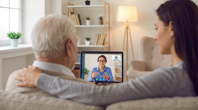 Doctor on Tablet as Reassuring Presence in Senior Home Care