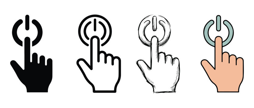 Hand Styles Pressing Virtual Power Button Icons for Digital Interface Designs