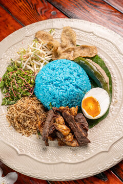 Traditional Malaysian Nasi Kerabu Blue Rice Dish Close Up