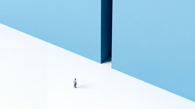 A solitary man stands on a white surface, facing a vast, imposing blue wall with a narrow opening.