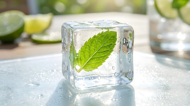 Mint Leaf Frozen in Ice Cube: A refreshing close-up shows a single mint leaf perfectly preserved within a clear ice cube, hinting at cool beverages and summer refreshment.