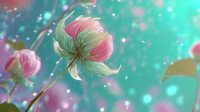 Illustrated Pink Rosebud Blooming on Mint Green Background
