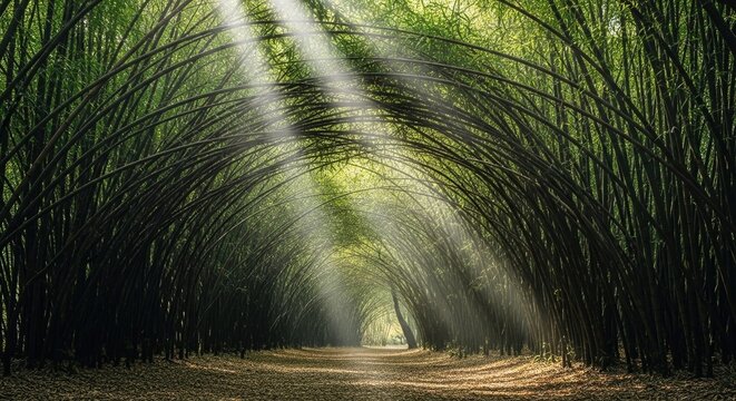 Sunlight beams through dense bamboo forest pathway. Golden rays illuminate natural green tunnel for serene outdoor exploration.