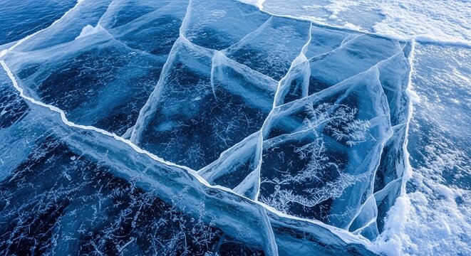 Close-up of cracked ice surface with intricate frost patterns. Blue-tinted frozen texture for winter design projects and cold climate visuals.