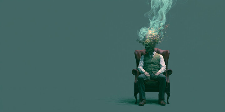 AI robot brain exploding with digital data and smoke. Futuristic android head experiencing cyber overload with glowing neural circuits.
