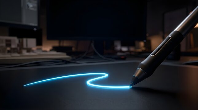 Digital pen drawing a glowing blue light line on a creative graphics tablet