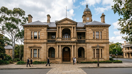 Fototapeta premium Historic Stone Building with Clock Tower and People