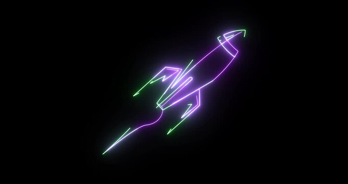 Neon Rocket Launch Animation on Black Background &ndash; Glowing Startup Boost, Business Growth, Space Technology, Futuristic Launch Icon, Seamless Loop 4K