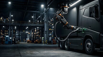 Fototapeta premium Electric autonomous truck charging at an automated logistics warehouse