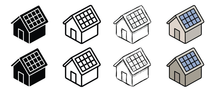 Isometric illustration of houses with solar panels on roofs in various artistic line styles
