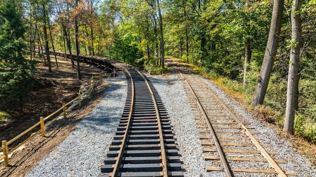 Two sets of train tracks stretch through a wooded area with green and brown leaves. The tracks curve along the path, surrounded by gravel and wooden fencing. Sunlight shines on the scene.