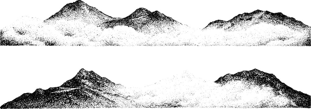 Stippled rolling fog banks between mountain silhouettes background for banner and texture design in black and white vintage engraving style