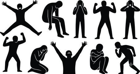 Black silhouette icon set of human figures expressing various strong emotions and body language © MstRoksana
