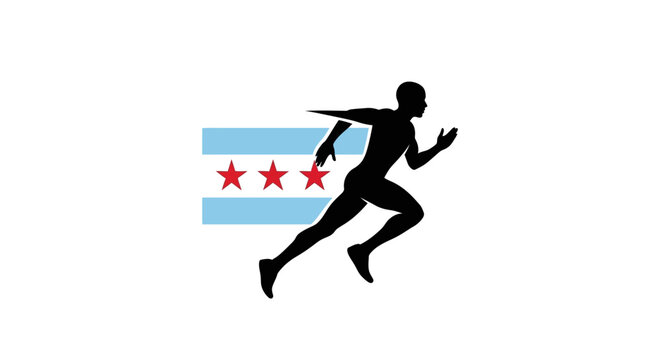 Silhouette of a man running fast against a stylized Chicago flag background.