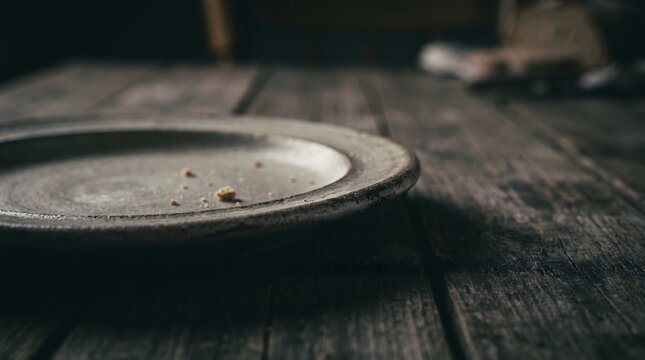Empty plate on wooden table symbolizing hunger
