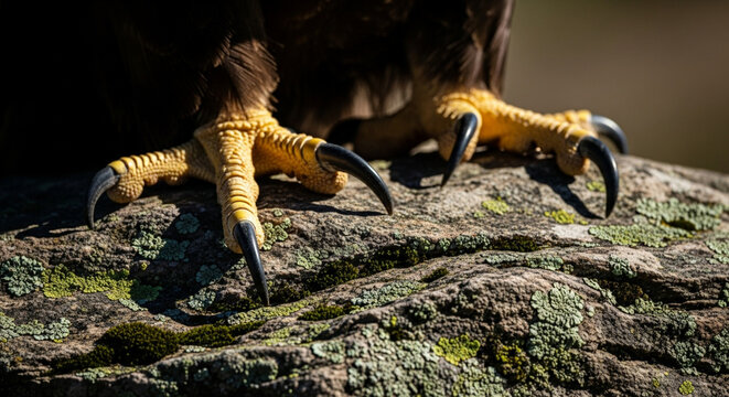 Eagle talons close-up on rocky perch, sharp claws of bird of prey, powerful grip detail