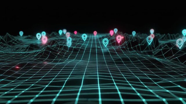 Digital map wireframe with neon location pins. Glowing cyan and pink map pointers floating over a 3D grid terrain. Futuristic data visualization video loop for technology and global logistics use.