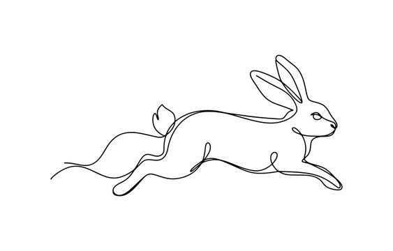 Continuous single line drawing of a jumping rabbit or hare moving fast