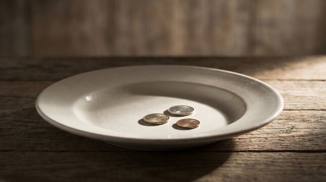 Empty plate with coins symbolizing poverty, hunger and economic hardship