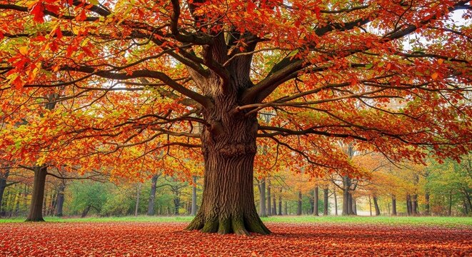 Autumn park with large red maple tree in vibrant fall foliage. Scenic golden landscape featuring colorful leaves and natural seasonal beauty.
