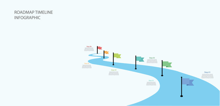 Business roadmap timeline infographic template  design with 6 steps. with winding blue road path colorful milestone flags process workflow concept for project management strategy representation