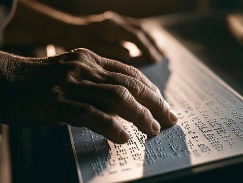 Reading Braille: Close-up on hands feeling the raised dots of braille text, representing literacy, accessibility, and empowerment for visually impaired individuals.