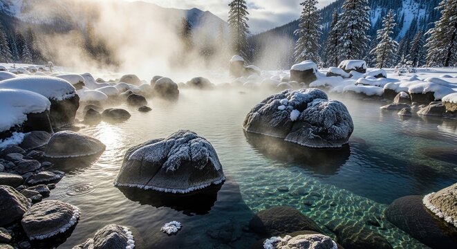 Hot springs steam rising over natural rock pools. Geothermal mineral water bubbling in outdoor spa setting.
