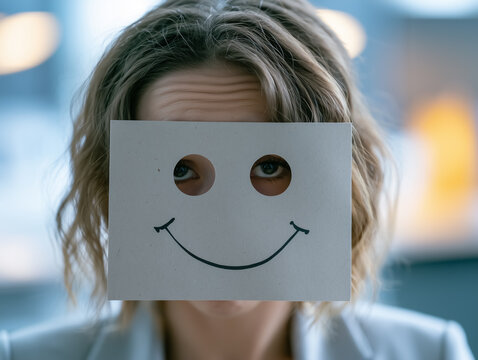 Hidden Emotion: A woman hides her true feelings behind a smiling face, concealing her emotions with a card, questioning the authenticity of happiness.
