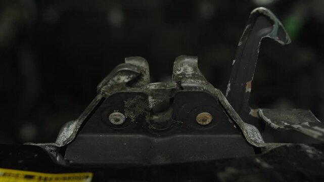 Close-up of a dirty car hood latch mechanism.