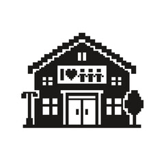Fototapeta premium Pixel art school building icon with trees and street lamp, retro style