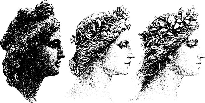 Antique ship figurehead engraving set of carved female profiles with laurel wreaths for nautical design background poster and historic decorative artwork