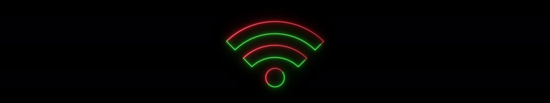 Ultrawide Neon WiFi Signal Animation on Black Background, Futuristic Glowing Wireless Internet Icon, Network Connection Overlay, Seamless Loop 4K Widescreen Motion Graphics.
