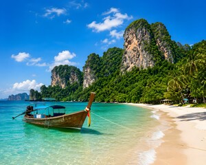 Obraz premium Traditional boat near tropical limestone cliffs and beach