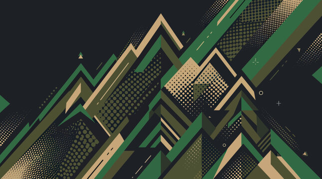 Green and khaki geometric mountain camouflage racing design.
