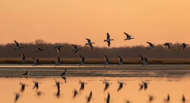 Flock of birds flying over serene wetland at sunset. Migrating waterfowl silhouetted against golden sky during evening flight.