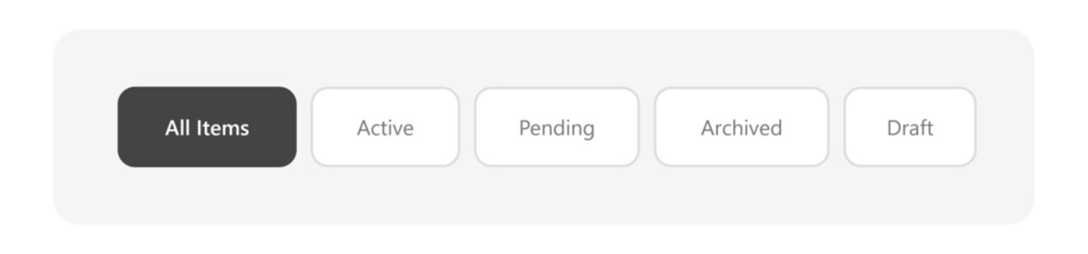 Minimalist UI navigation bar with filter buttons, modern web dashboard interface elements, dark and light toggle switch buttons for app design