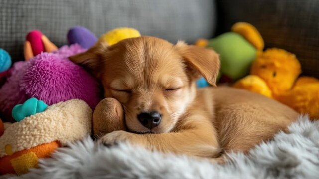 Adorable Sleeping Puppy Surrounded by Colorful Stuffed Toys Imagery for Pet Lovers and Marketing Campaigns with an Emphasis on Puppies. Generative AI