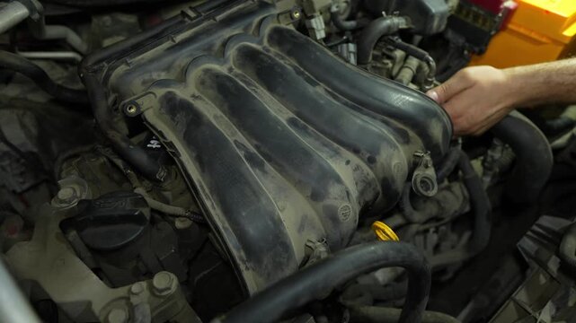 Close-up of a dusty car engine intake manifold being inspected by a mechanic.